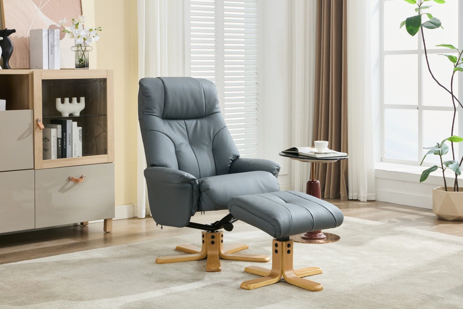 Blue Full Leather Large Swivel Recliner Chair with Footstool