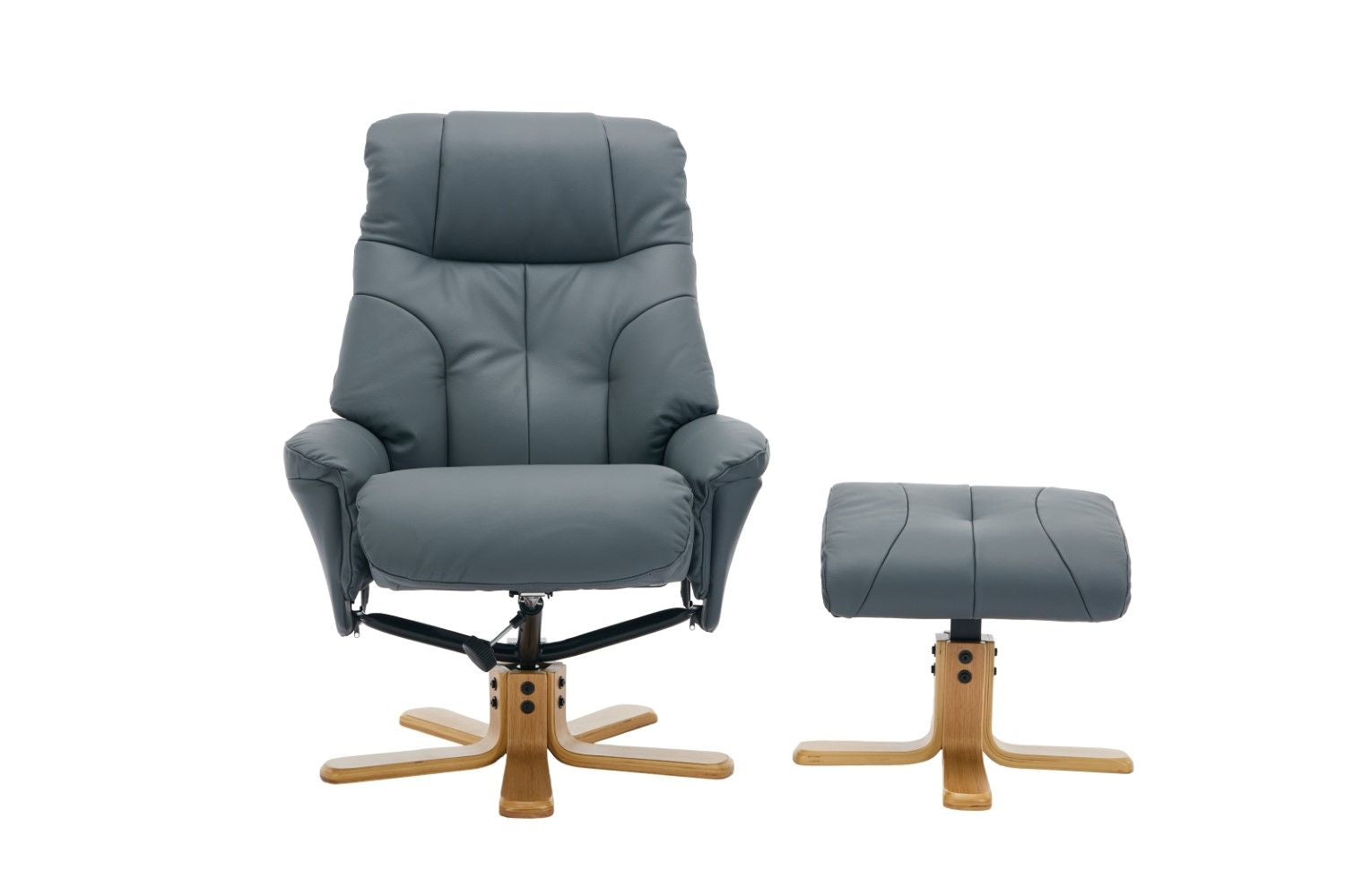 Blue Full Leather Large Swivel Recliner Chair with Footstool