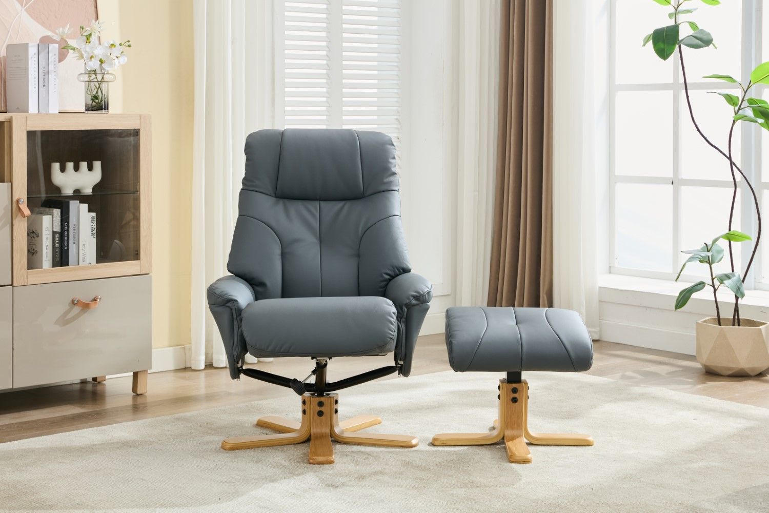 Blue Full Leather Large Swivel Recliner Chair with Footstool