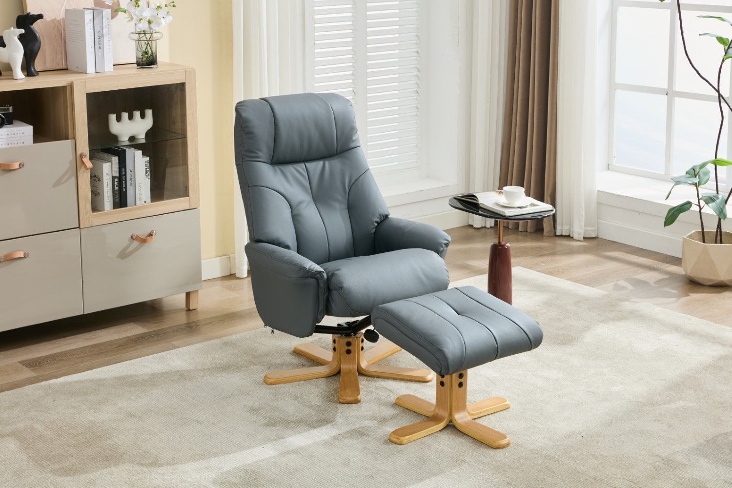 Blue Full Leather Large Swivel Recliner Chair with Footstool