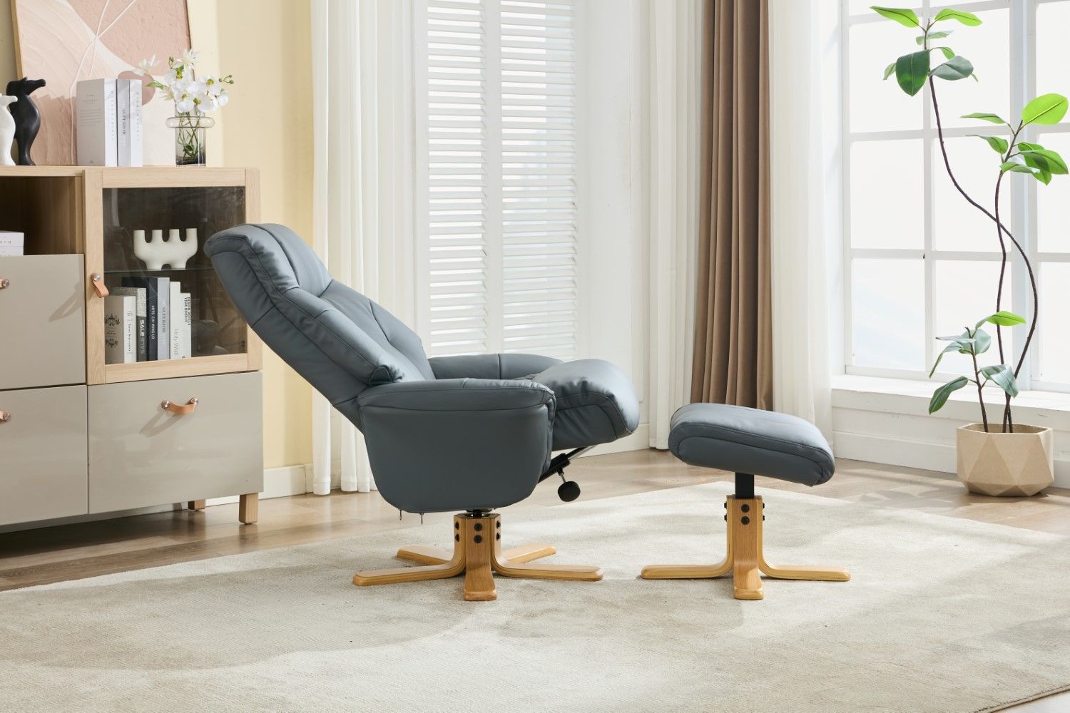 Blue Full Leather Large Swivel Recliner Chair with Footstool