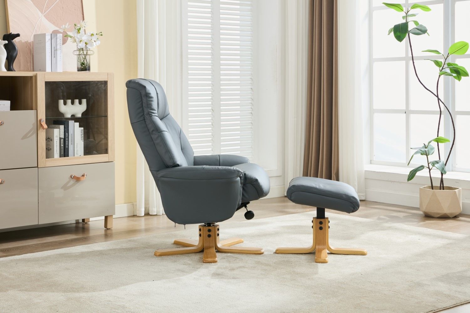 Blue Full Leather Large Swivel Recliner Chair with Footstool