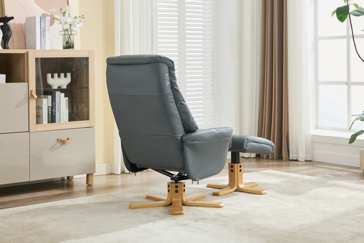 Blue Full Leather Large Swivel Recliner Chair with Footstool