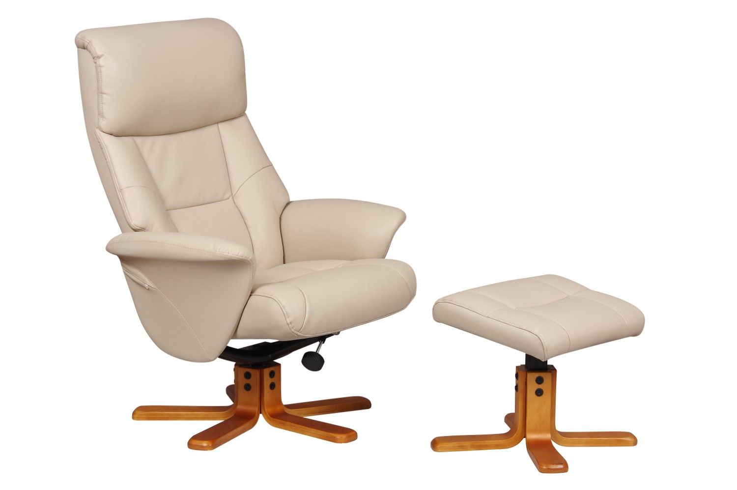 Cafe Latte Leather Effect Swivel Recliner Footstool Oak Base - Home Furniture Interiors