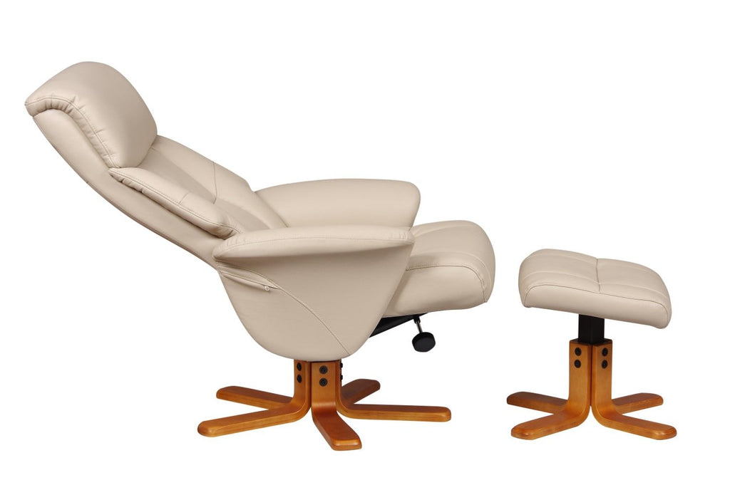 Cafe Latte Leather Effect Swivel Recliner Footstool Oak Base - Home Furniture Interiors