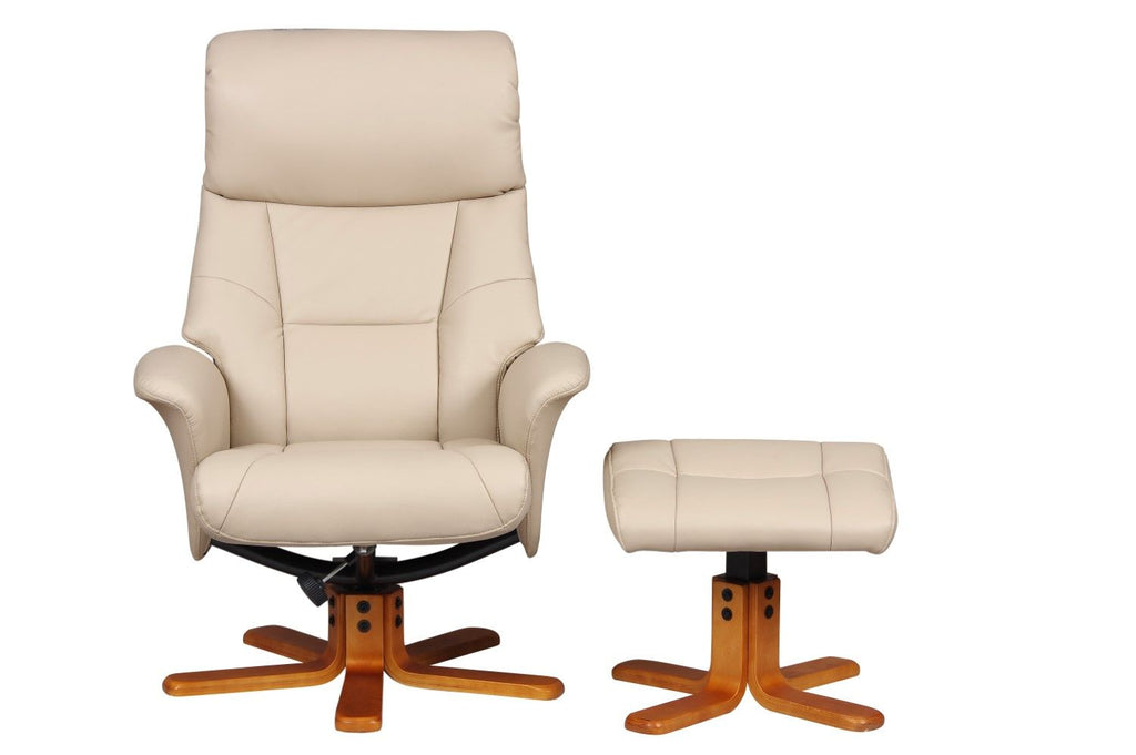 Cafe Latte Leather Effect Swivel Recliner Footstool Oak Base - Home Furniture Interiors