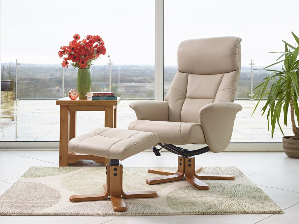 Cafe Latte Leather Effect Swivel Recliner Footstool Oak Base - Home Furniture Interiors