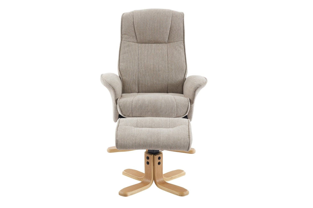 Camel Fabric Swivel Recliner with Footstool Oak Base - Home Furniture Interiors