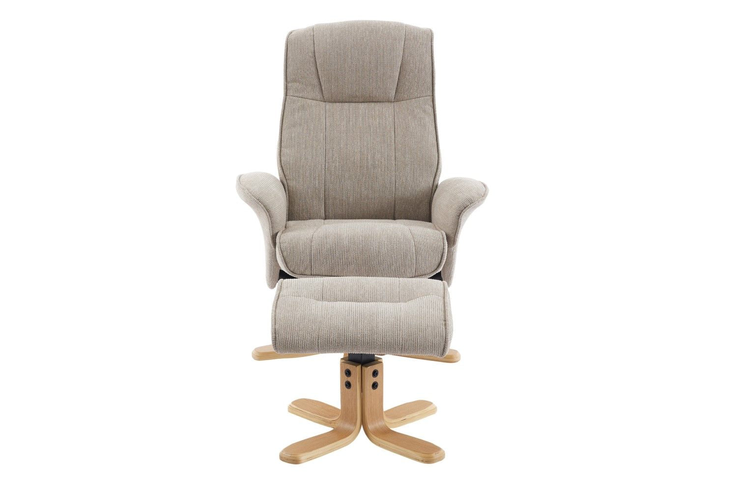 Camel Fabric Swivel Recliner with Footstool Oak Base - Home Furniture Interiors