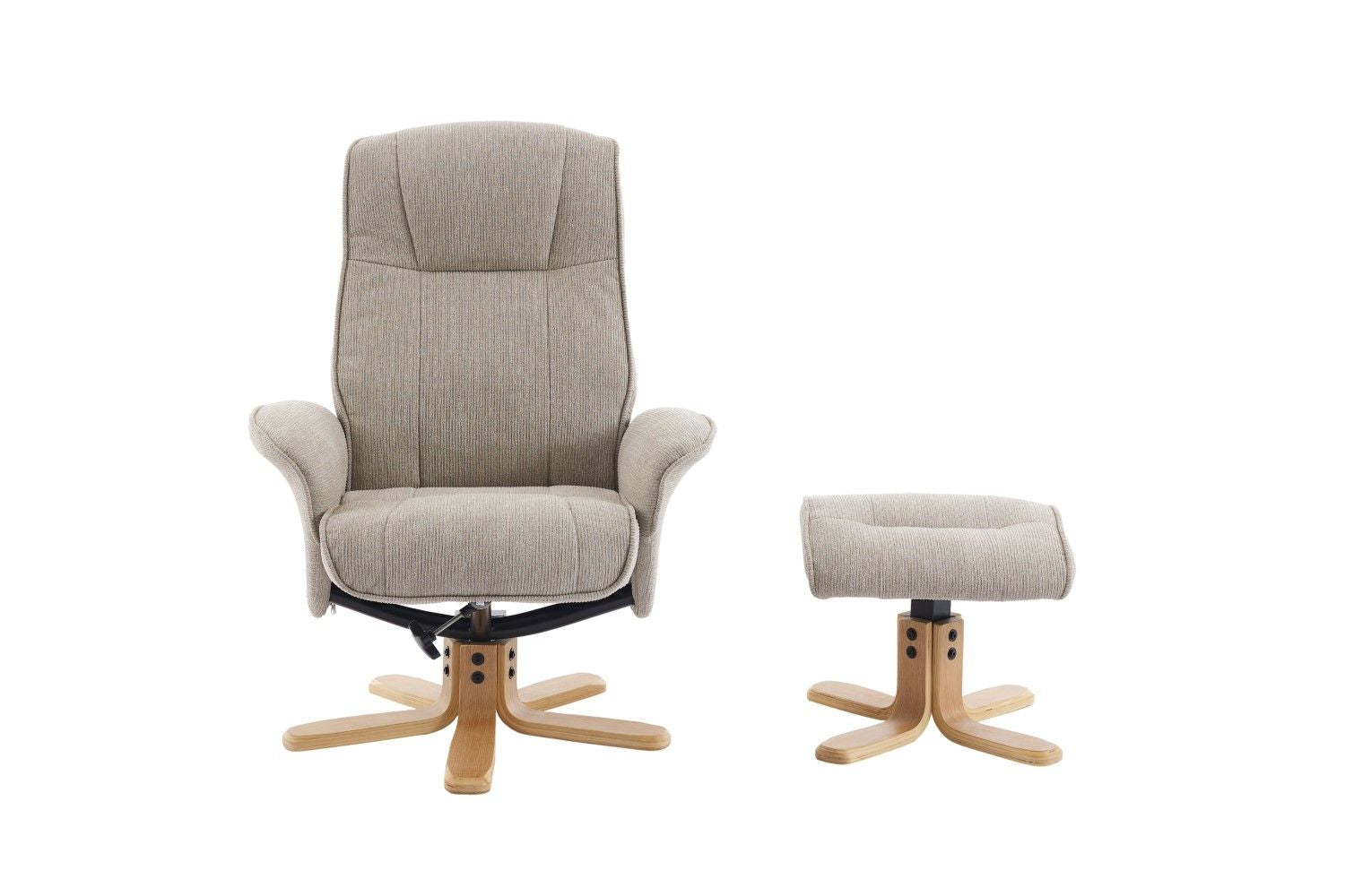 Camel Fabric Swivel Recliner with Footstool Oak Base - Home Furniture Interiors