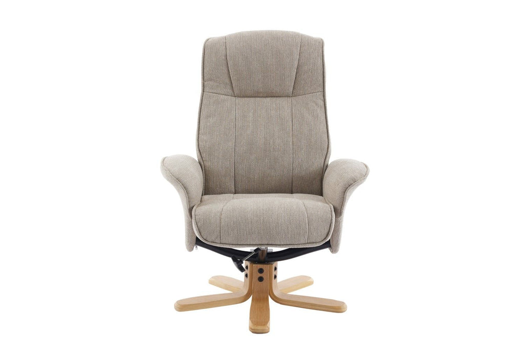 Camel Fabric Swivel Recliner with Footstool Oak Base - Home Furniture Interiors