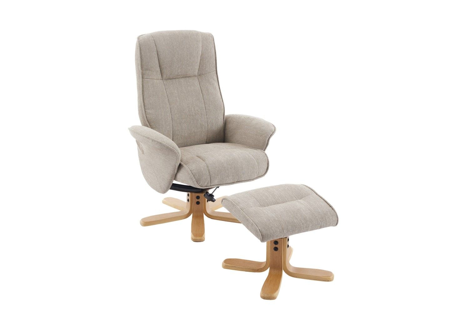 Camel Fabric Swivel Recliner with Footstool Oak Base - Home Furniture Interiors