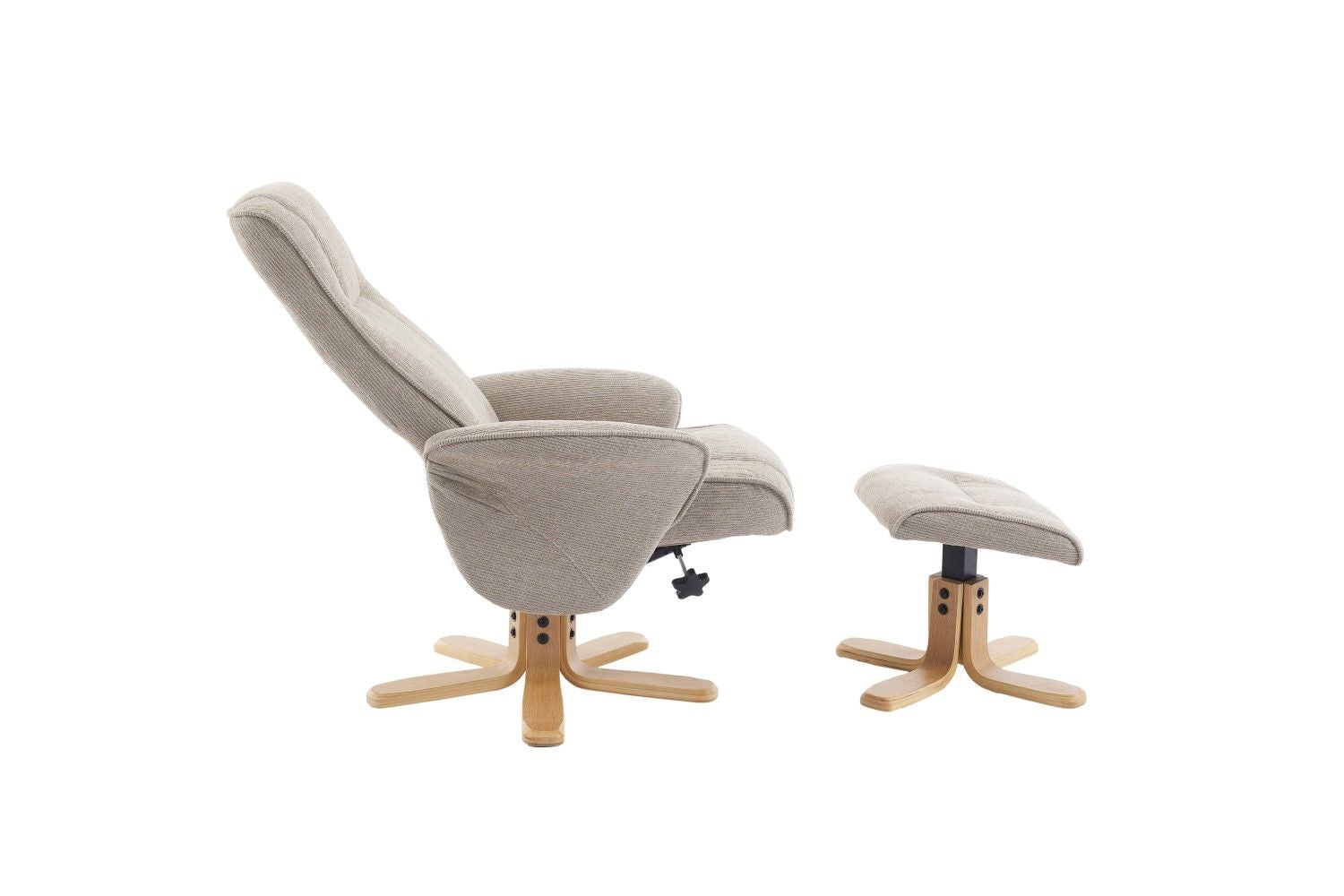 Camel Fabric Swivel Recliner with Footstool Oak Base - Home Furniture Interiors