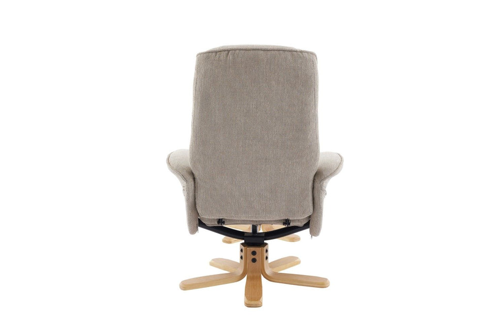 Camel Fabric Swivel Recliner with Footstool Oak Base - Home Furniture Interiors