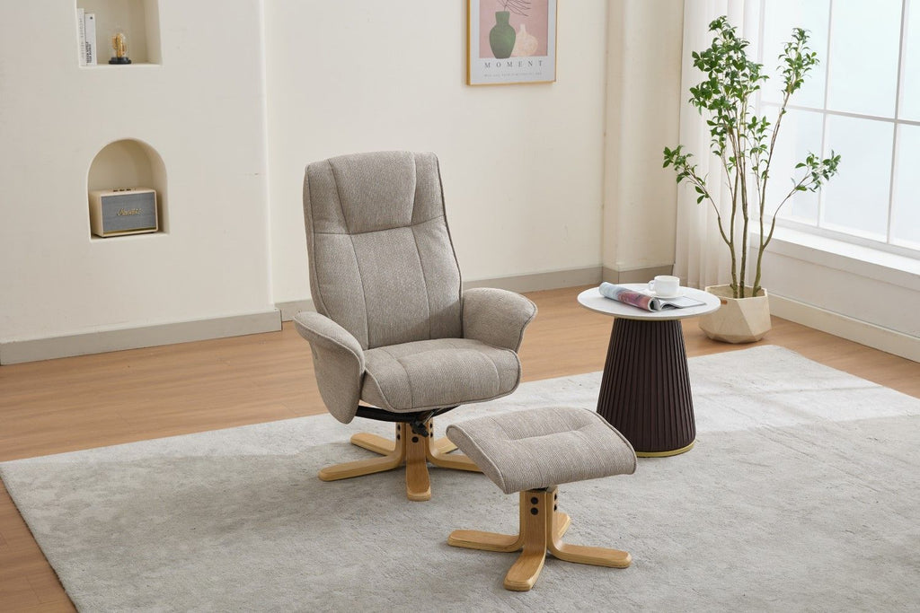 Camel Fabric Swivel Recliner with Footstool Oak Base - Home Furniture Interiors