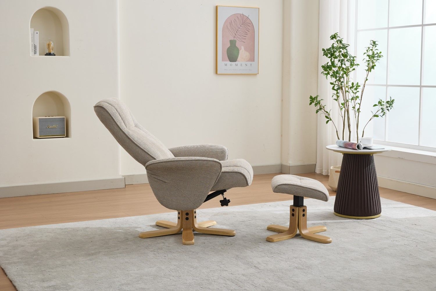 Camel Fabric Swivel Recliner with Footstool Oak Base - Home Furniture Interiors