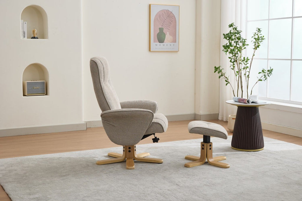 Camel Fabric Swivel Recliner with Footstool Oak Base - Home Furniture Interiors