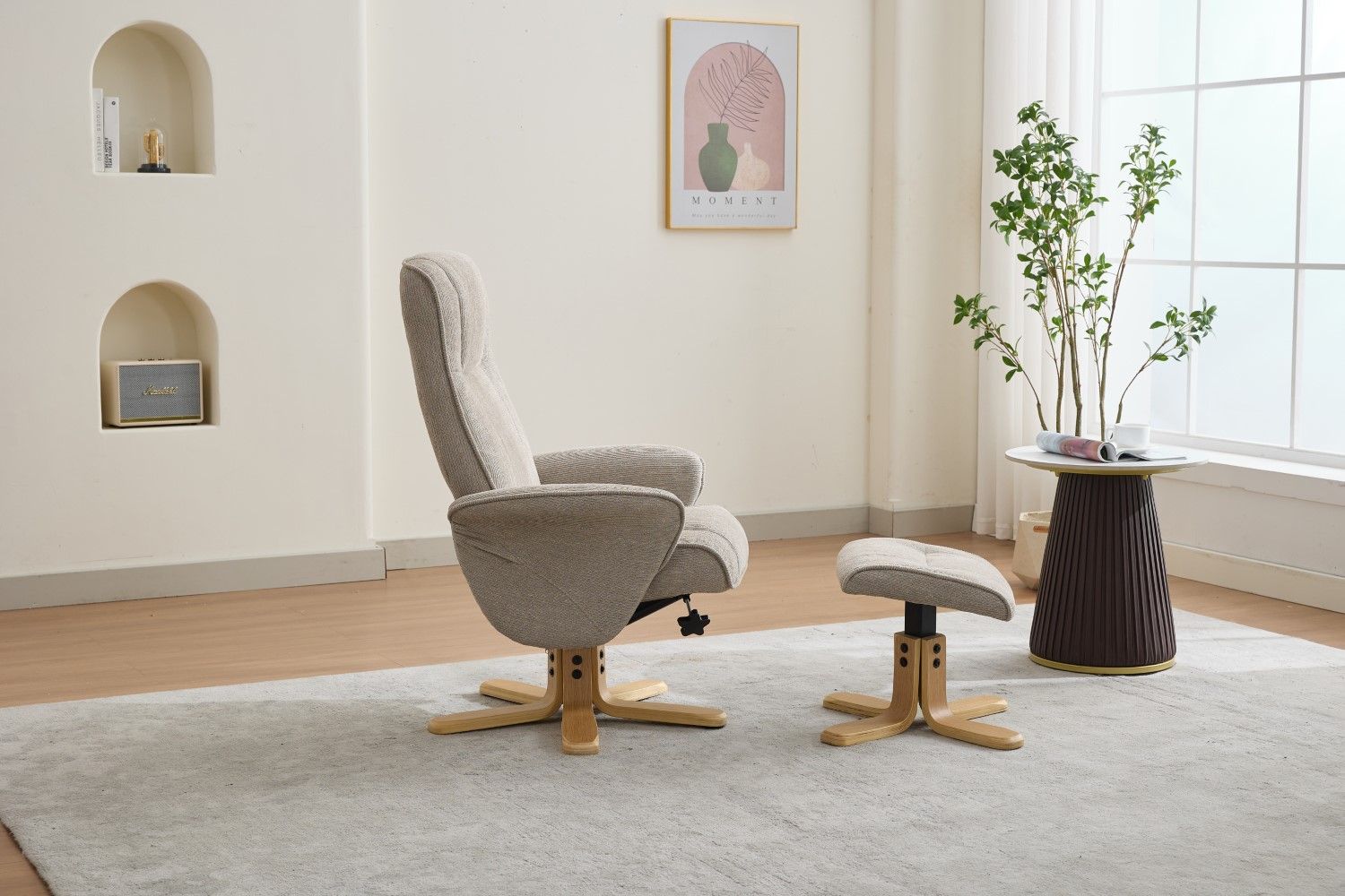 Camel Fabric Swivel Recliner with Footstool Oak Base - Home Furniture Interiors