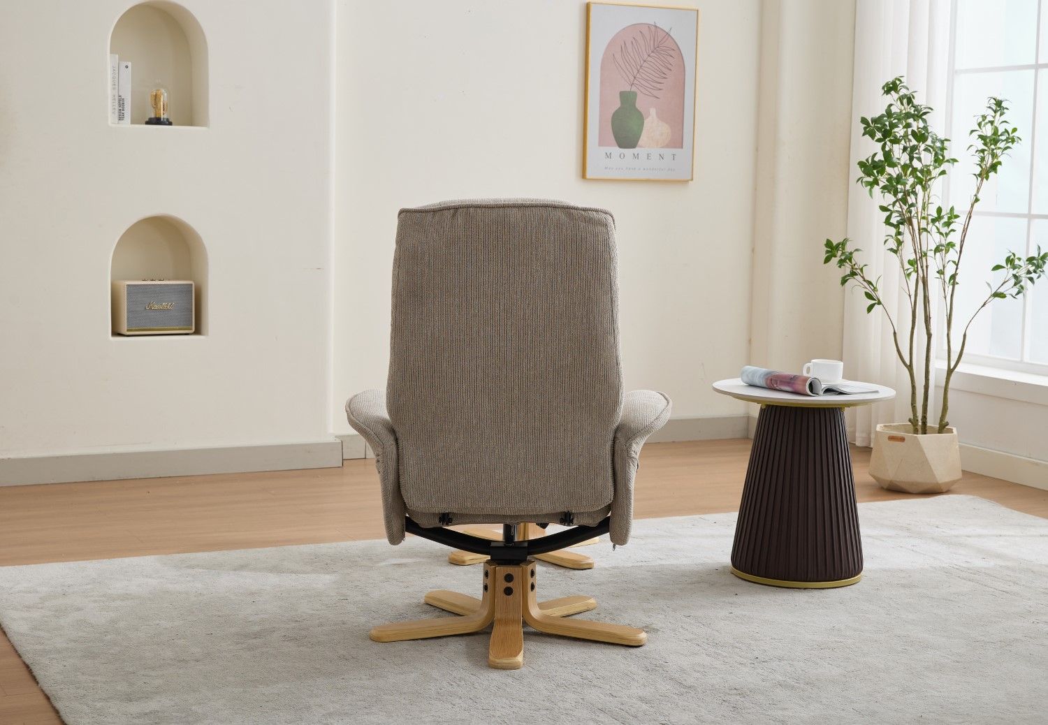 Camel Fabric Swivel Recliner with Footstool Oak Base - Home Furniture Interiors