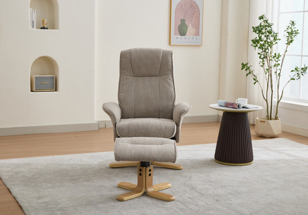 Camel Fabric Swivel Recliner with Footstool Oak Base - Home Furniture Interiors