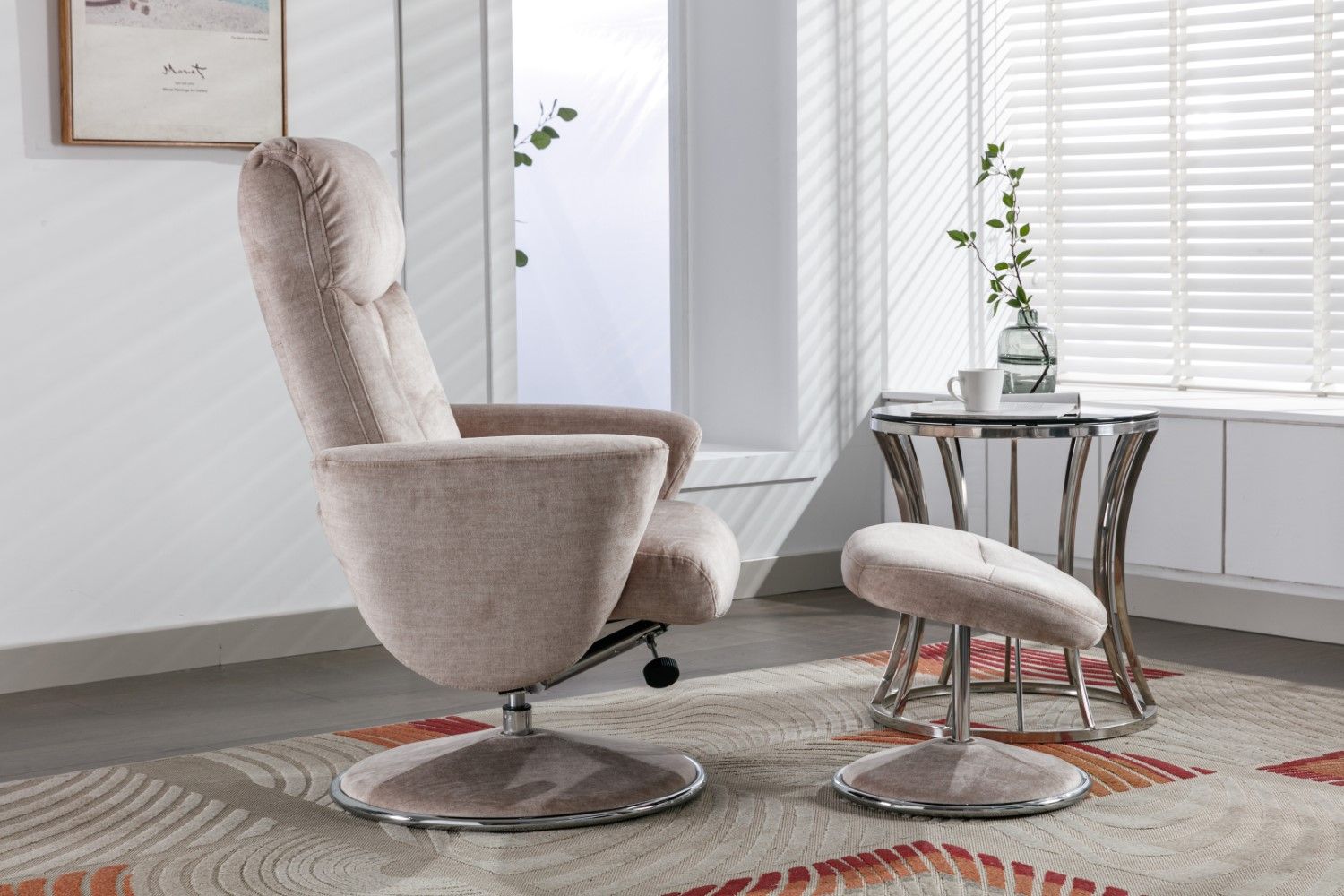 Champagne Fabric Swivel Recliner with Footstool Chrome Base