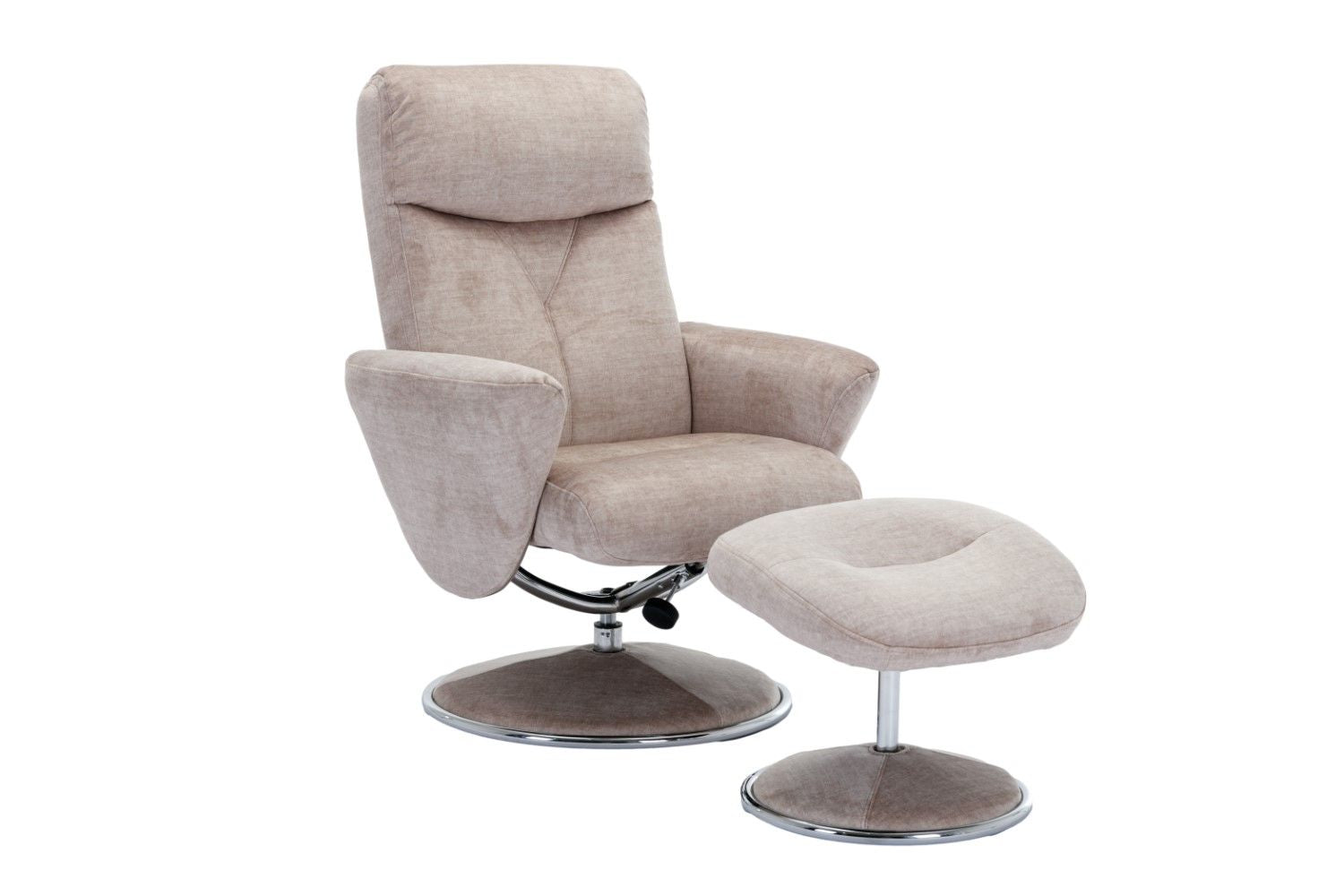 Champagne Fabric Swivel Recliner with Footstool Chrome Base