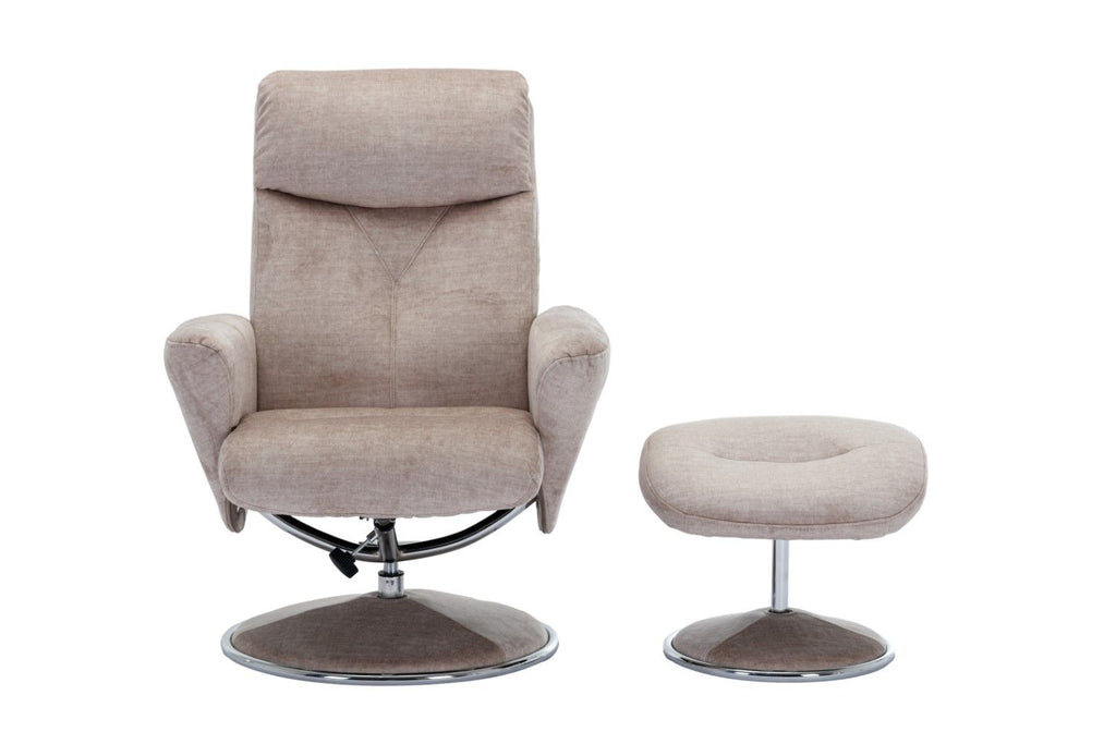 Champagne Fabric Swivel Recliner with Footstool Chrome Base