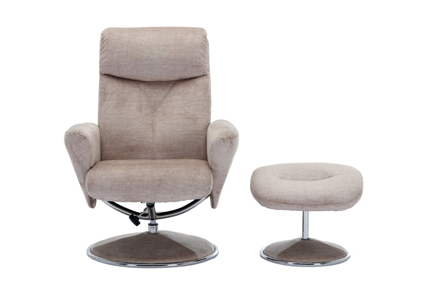 Champagne Fabric Swivel Recliner with Footstool Chrome Base