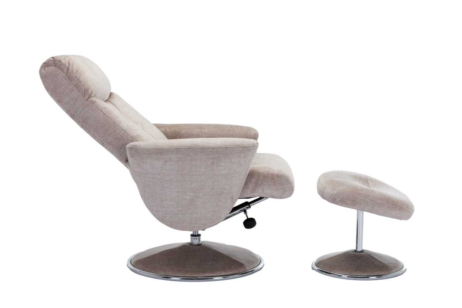 Champagne Fabric Swivel Recliner with Footstool Chrome Base