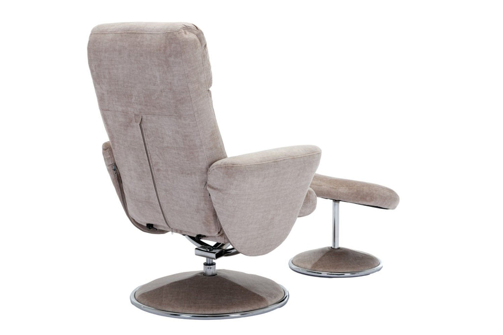 Champagne Fabric Swivel Recliner with Footstool Chrome Base