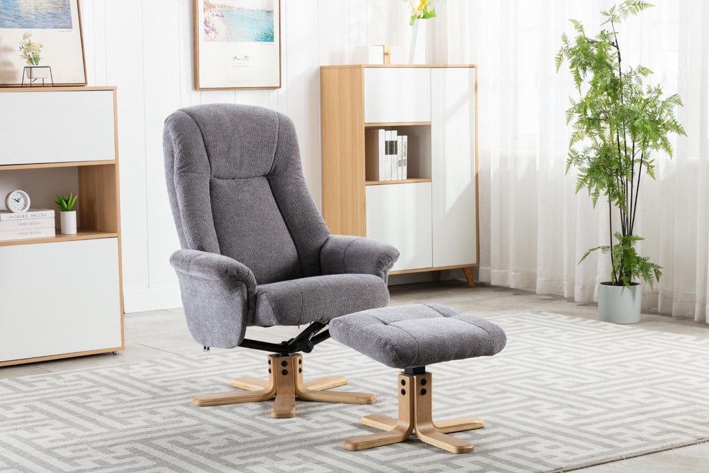 Charcoal Fabric Swivel Recliner with Footstool Oak Base