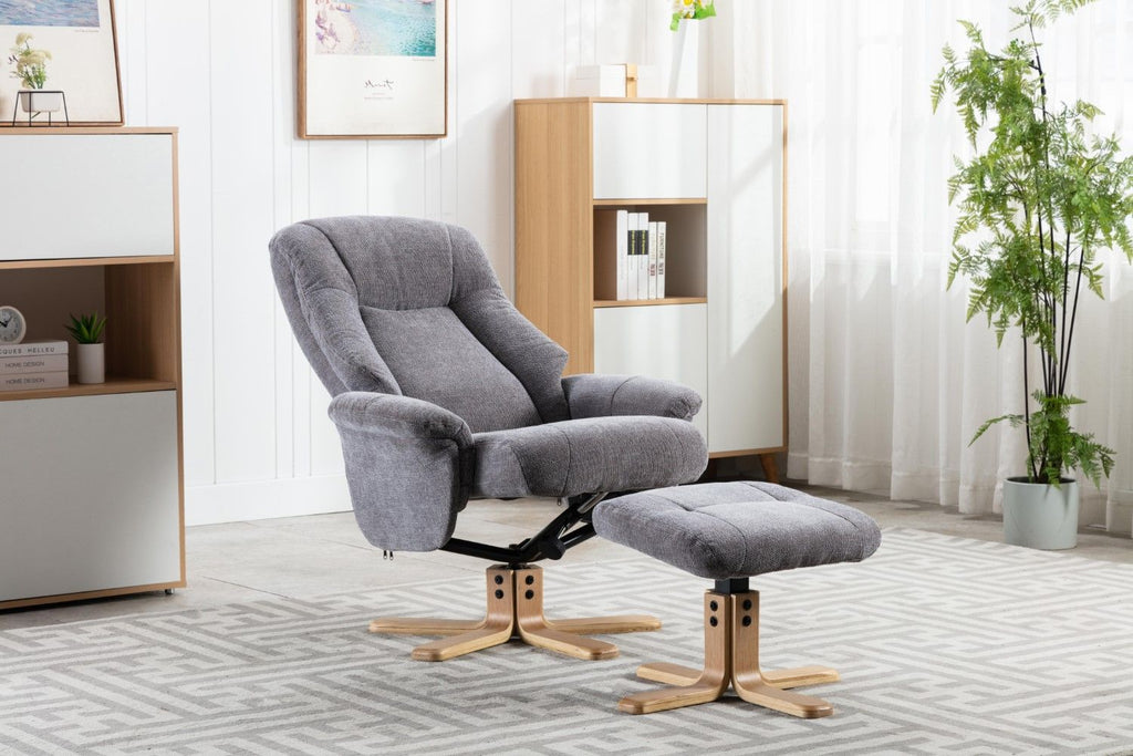 Charcoal Fabric Swivel Recliner with Footstool Oak Base