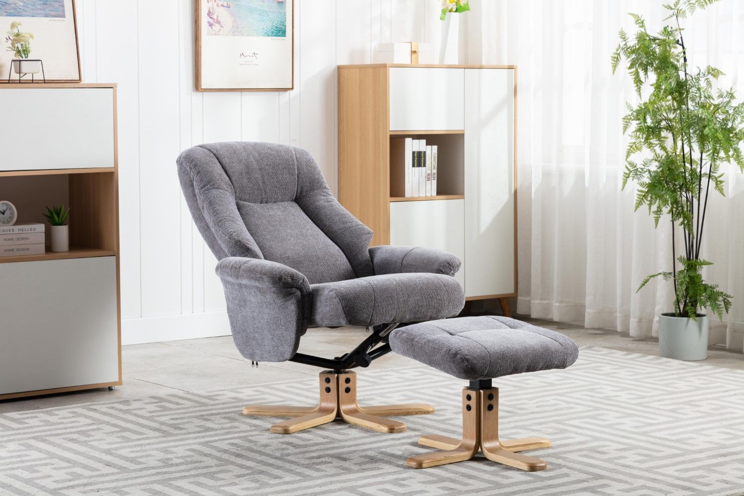 Charcoal Fabric Swivel Recliner with Footstool Oak Base