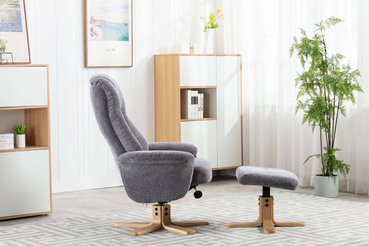 Charcoal Fabric Swivel Recliner with Footstool Oak Base