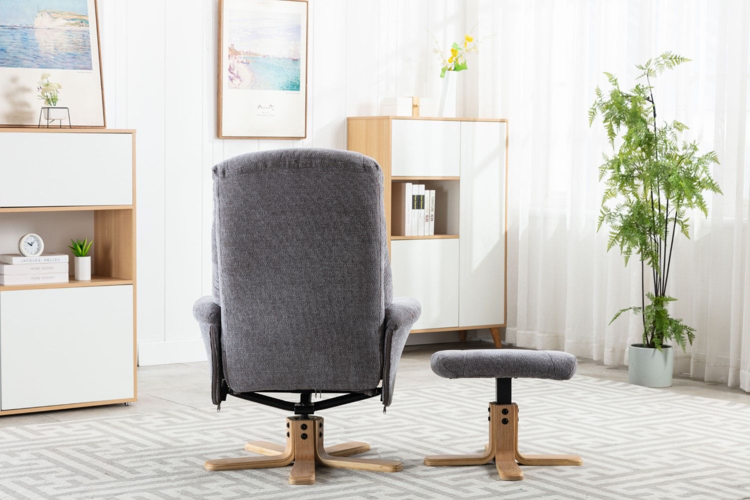 Charcoal Fabric Swivel Recliner with Footstool Oak Base