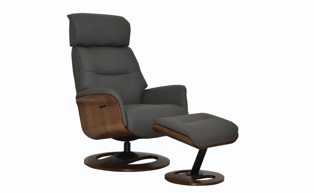 Charcoal Full Leather Swivel Recliner Chair with Footstool