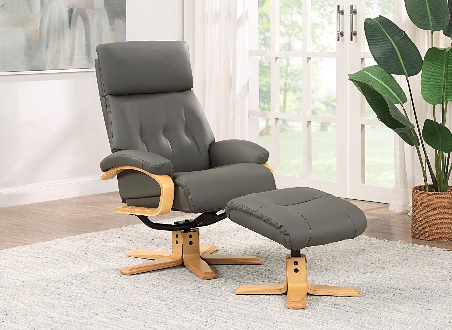 Charcoal Leather Recliner Chair with Footstool