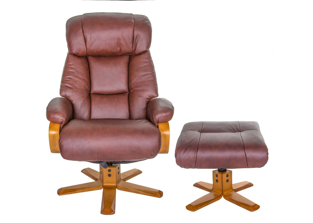 Chestnut Brown Leather Swivel Recliner and Footstool