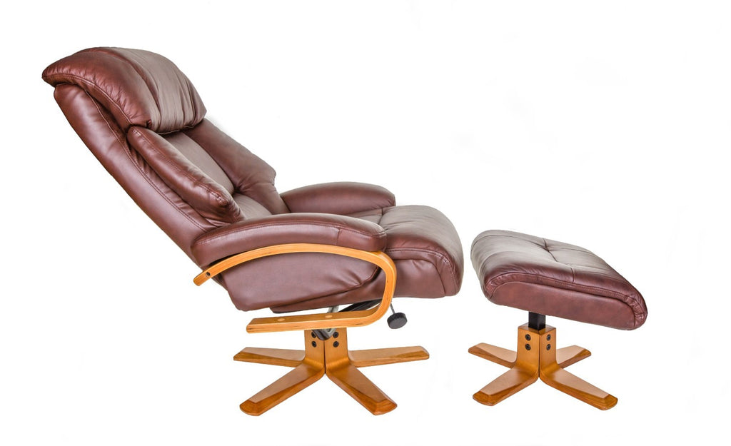 Chestnut Brown Leather Swivel Recliner and Footstool
