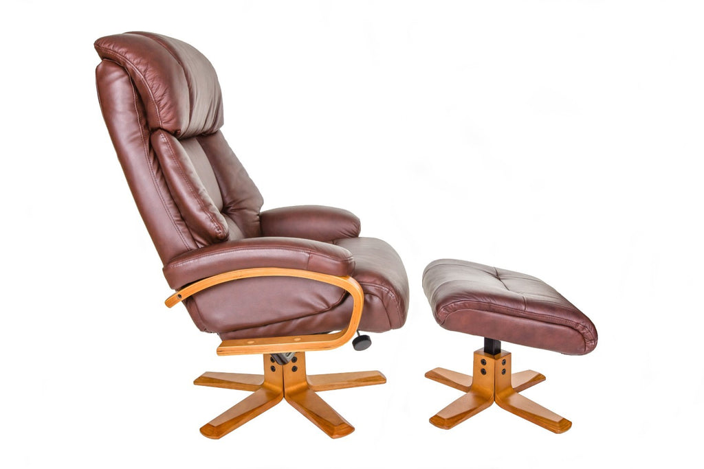 Chestnut Brown Leather Swivel Recliner and Footstool