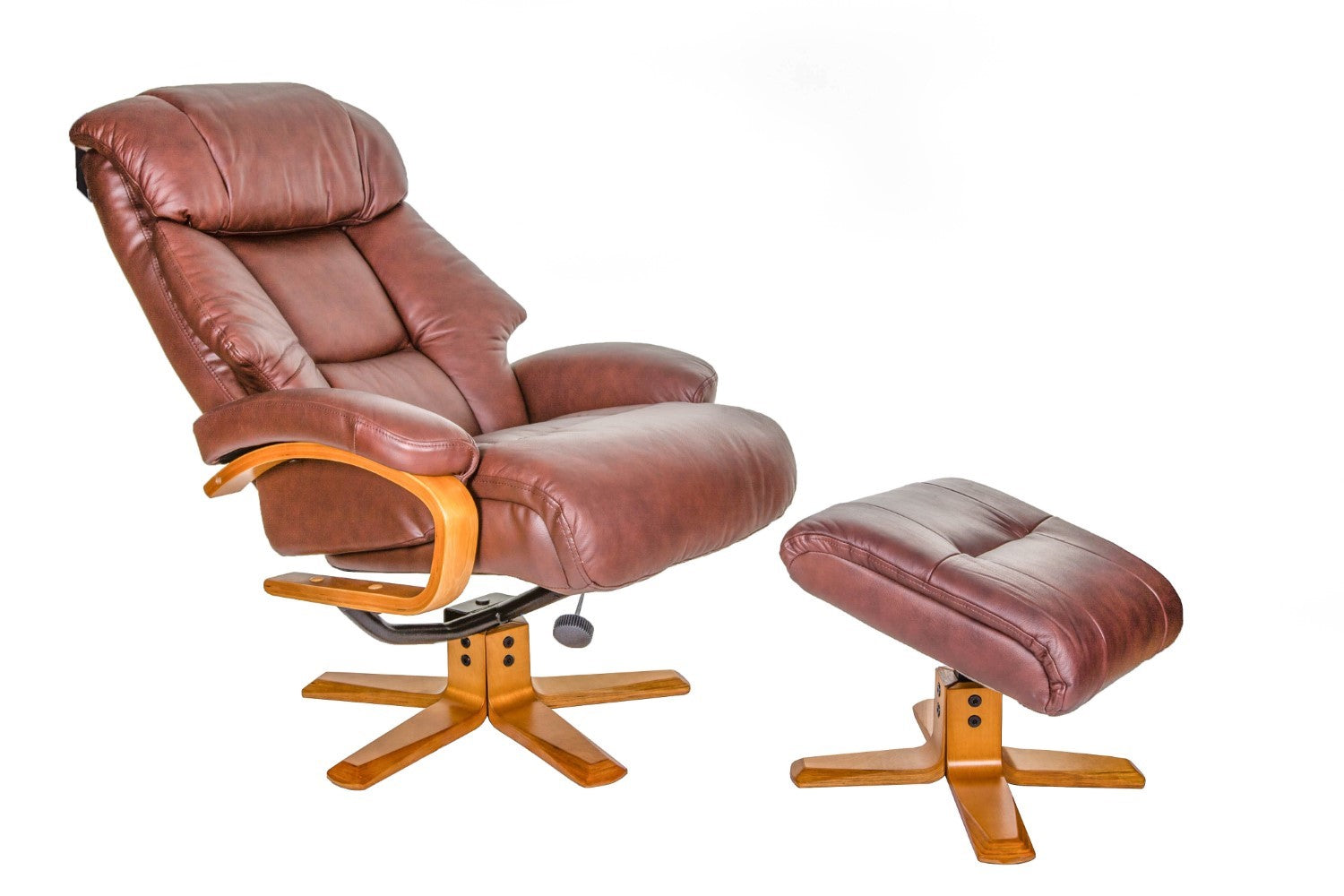 Chestnut Brown Leather Swivel Recliner and Footstool