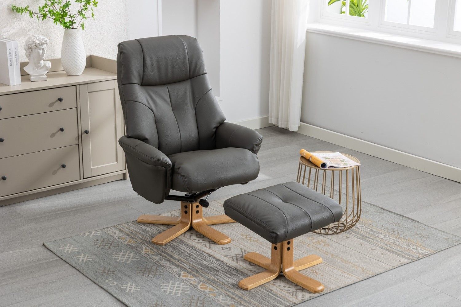 Cinder Leather Effect Recliner with Footstool Oak Base