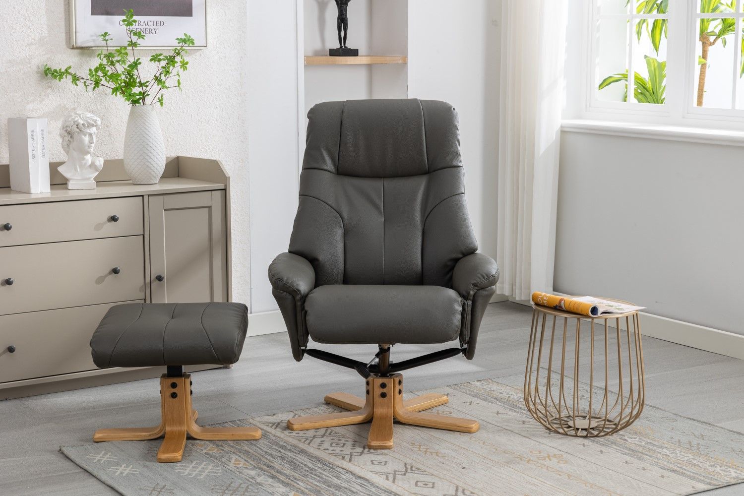 Cinder Leather Effect Recliner with Footstool Oak Base