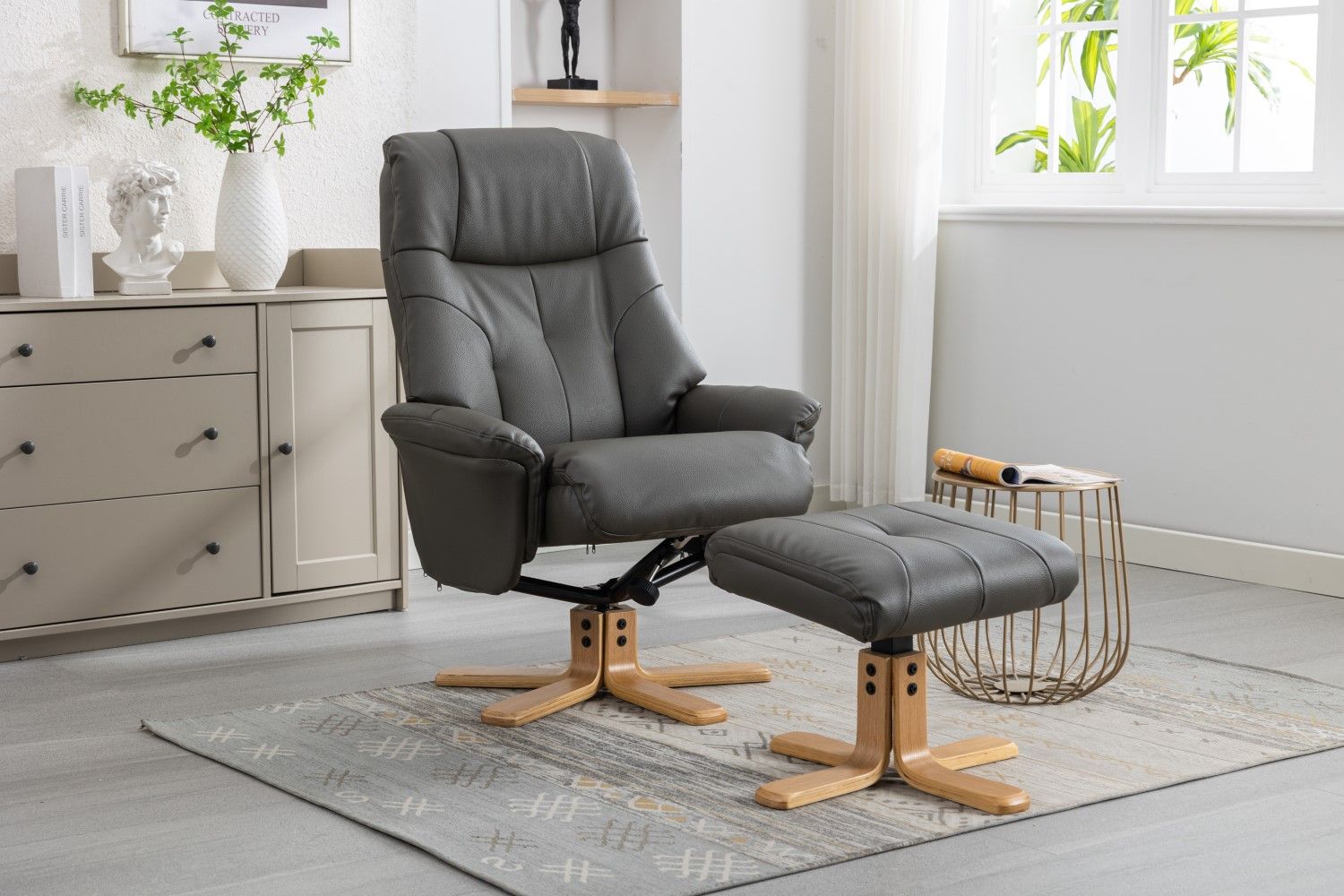 Cinder Leather Effect Recliner with Footstool Oak Base