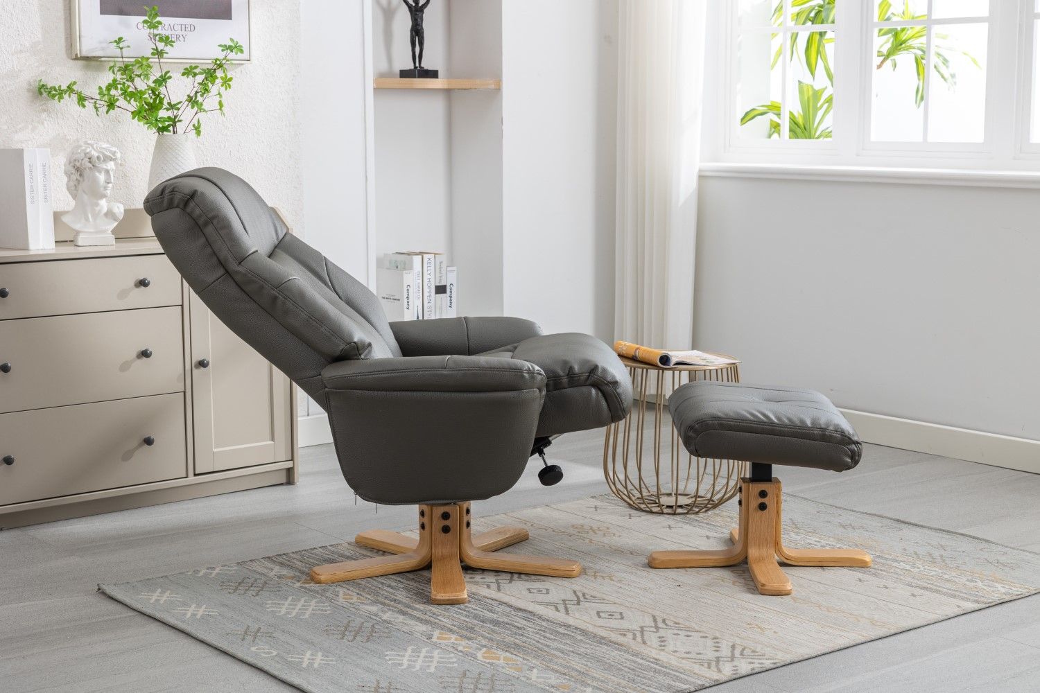 Cinder Leather Effect Recliner with Footstool Oak Base