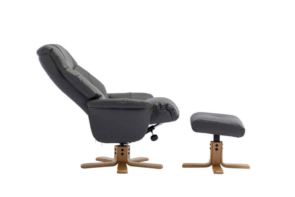 Cinder Leather Effect Recliner with Footstool Oak Base