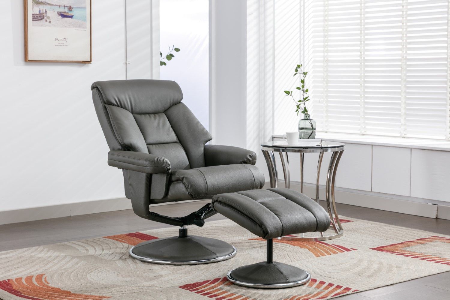 Cinder Leather Effect Swivel Recliner With Footstool