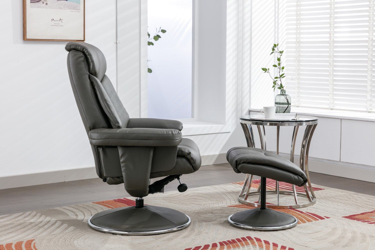 Cinder Leather Effect Swivel Recliner With Footstool