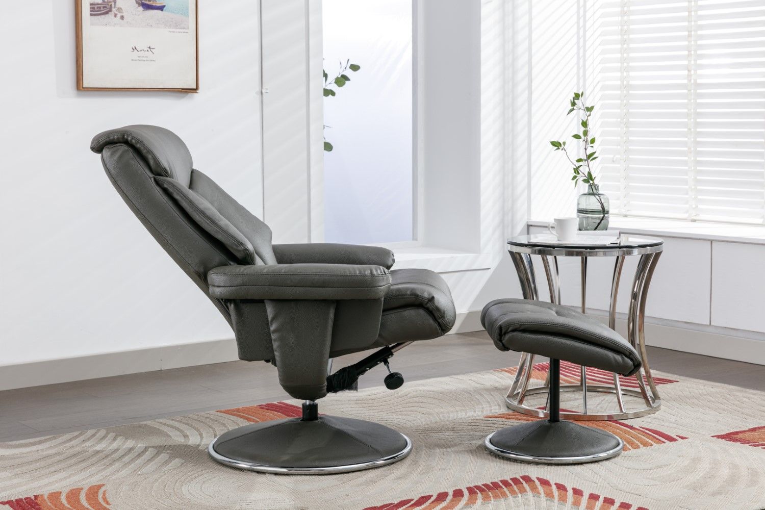 Cinder Leather Effect Swivel Recliner With Footstool