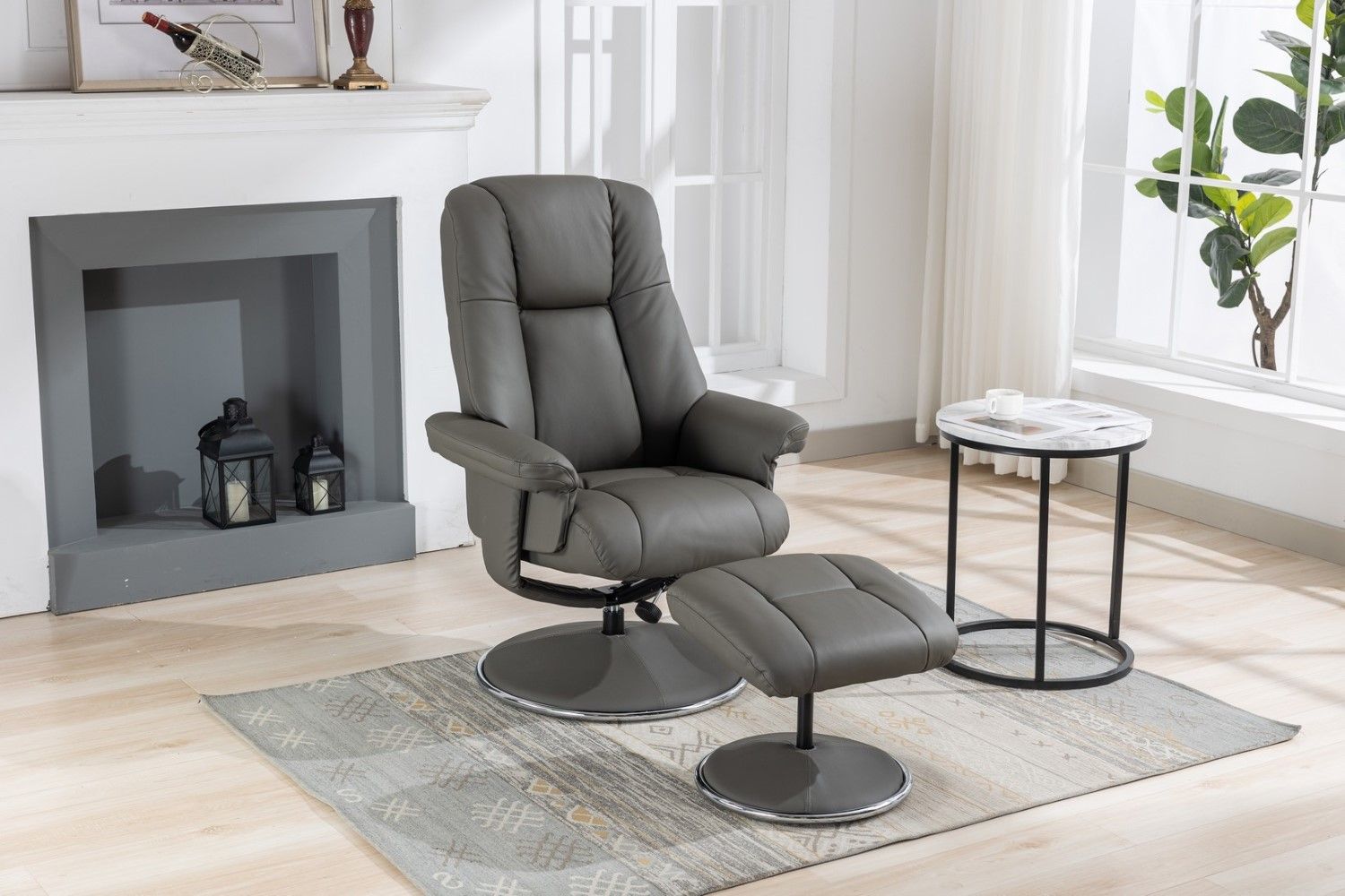 Cinder Leather Match Swivel Recliner Chair with Footstool